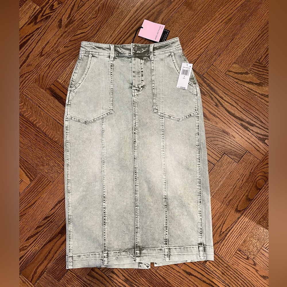 Avec Les Filles Light Olive Ice Washed Long Denim Skirt, Size 4, New With Tags